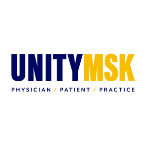 UnityMSK logo with tagline "Physician, Patient, Practice" in blue and yellow, emphasizing healthcare collaboration.