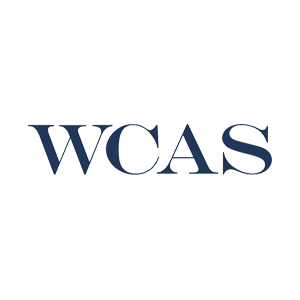 WCAS logo in dark blue serif font on transparent background, representing brand identity and corporate branding.