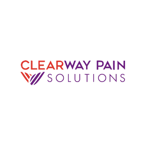 Clearway Pain Solutions logo with red and purple text and abstract design, representing healthcare and pain management services.