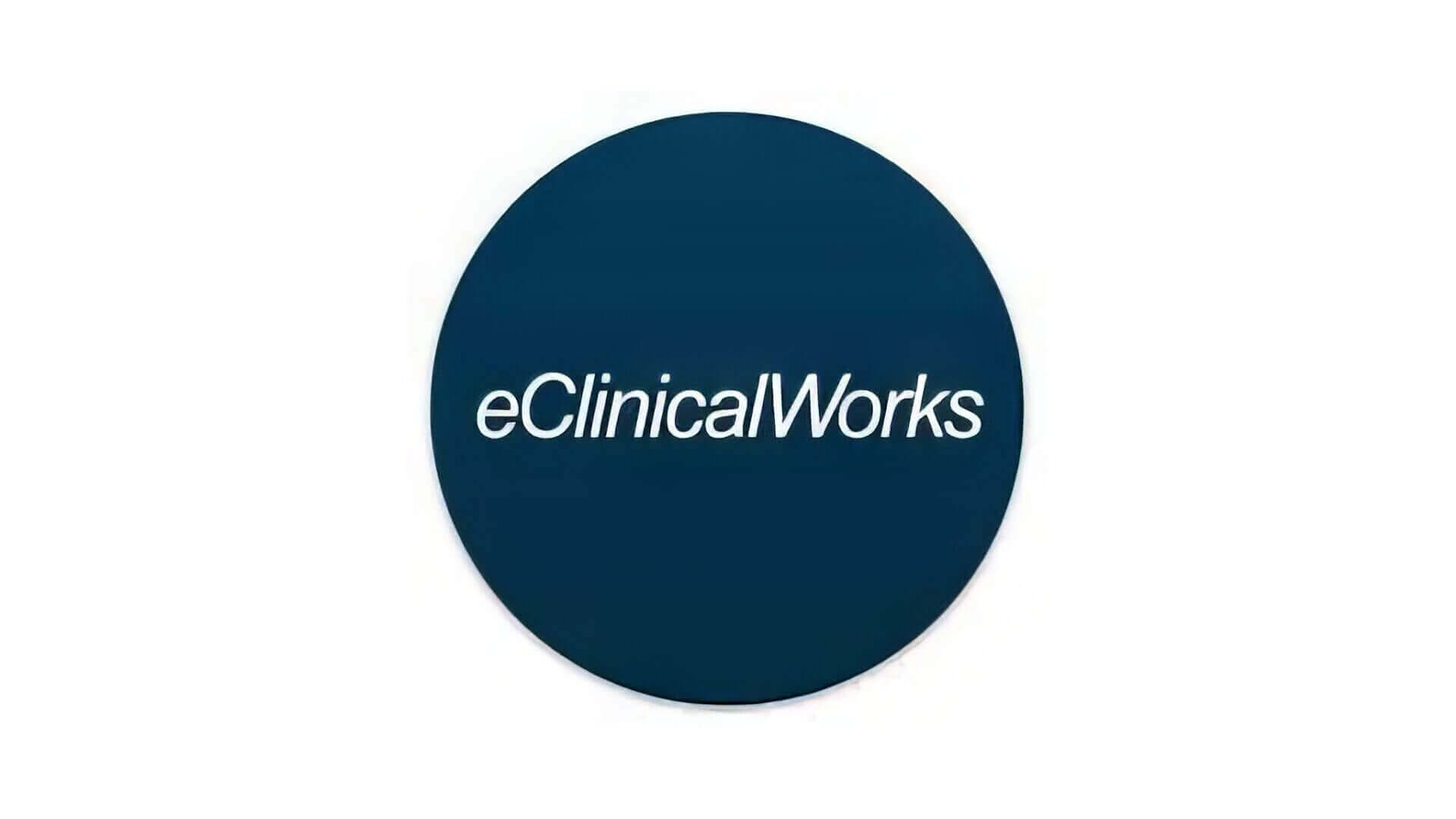 eClinicalWorks logo on blue circle background, healthcare IT solutions, electronic medical records software.
