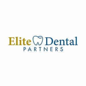 Elite Dental Partners logo with tooth icon, blue and gold text, dental services branding.