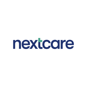 Nextcare logo featuring modern blue and green lettering on a transparent background, representing healthcare services.