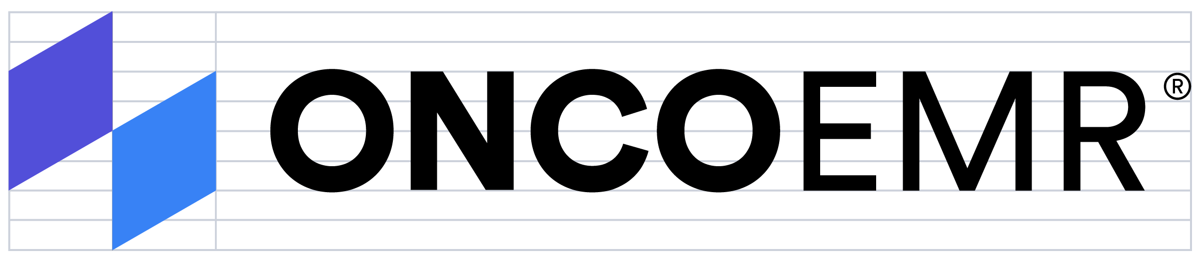 OncoEMR logo with blue geometric shapes and bold text, healthcare electronic medical records branding.