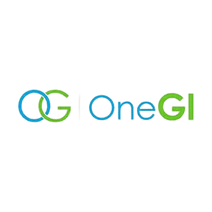 OneGI logo with overlapping blue and green text on transparent background, optimized for healthcare branding.