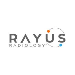 Rayus Radiology logo with stylized text and orbit design, featuring orange and blue accents, representing medical imaging.