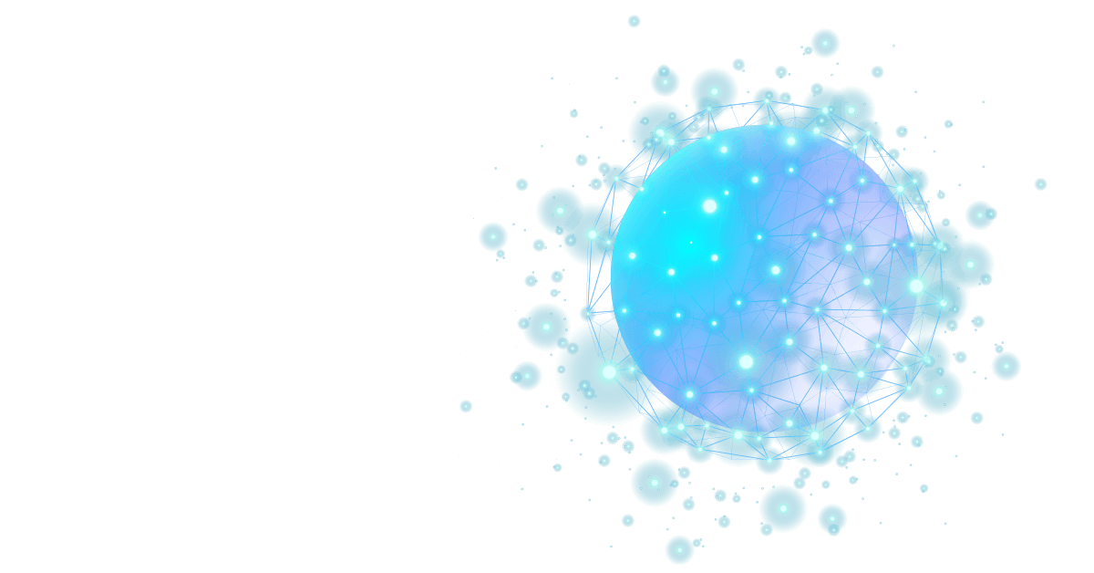 Abstract blue digital network sphere with interconnected glowing nodes and lines on a transparent background.
