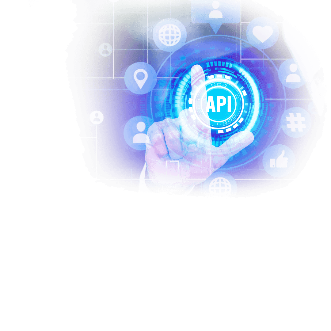 Hand interacting with digital API interface, surrounded by social media icons, representing technology and connectivity concepts.