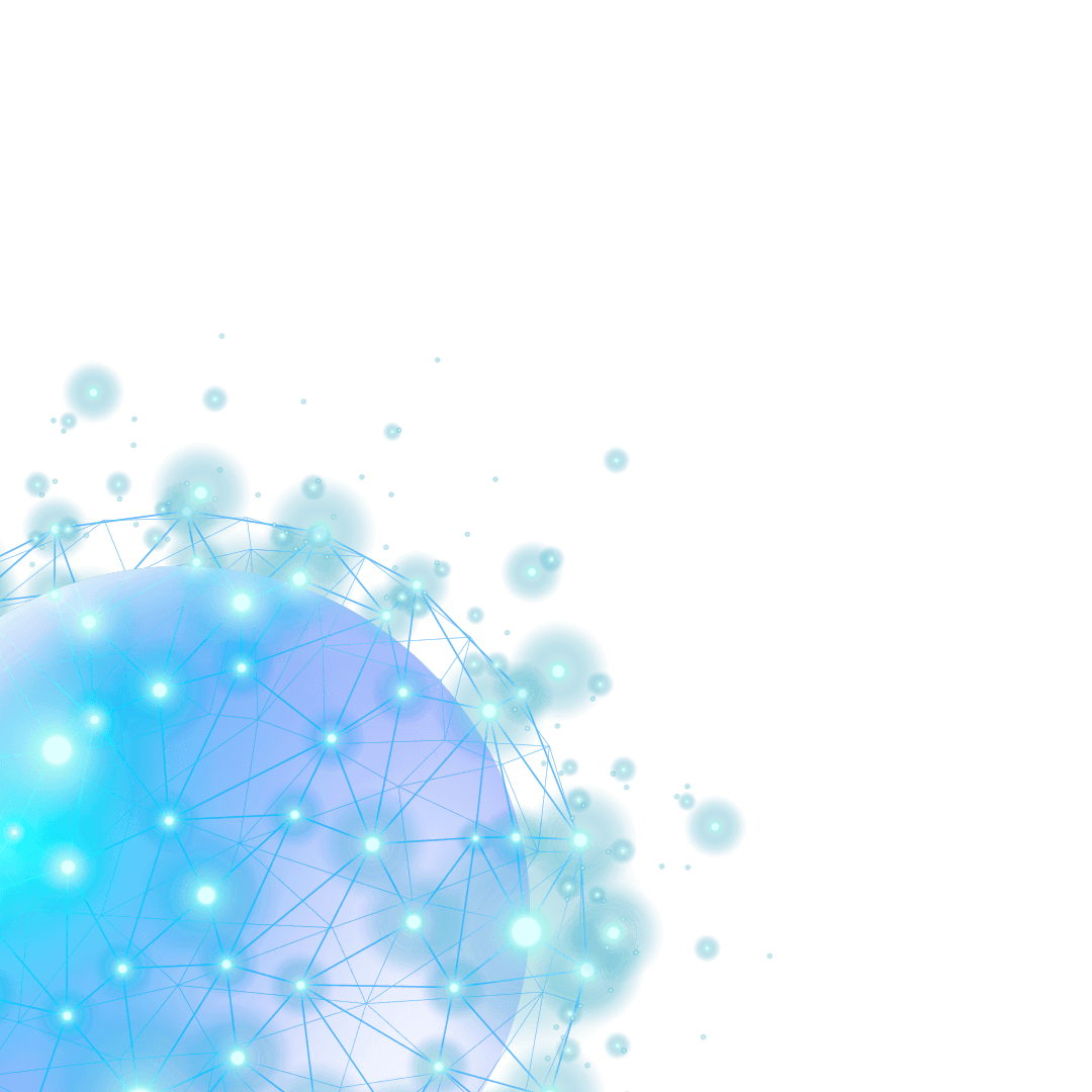 Blue glowing digital network sphere with interconnected nodes and floating bubbles on a black background, symbolizing connectivity.