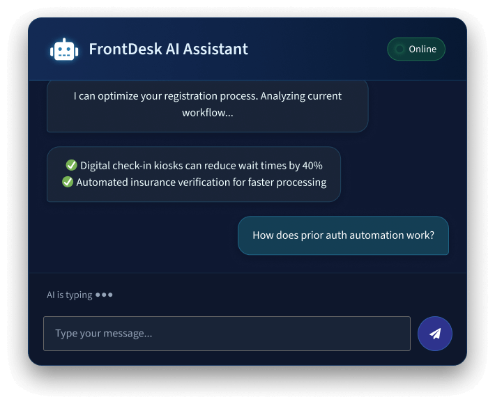 FrontDesk AI Assistant interface with chat, digital check-in, automation insights, shadow overlay.