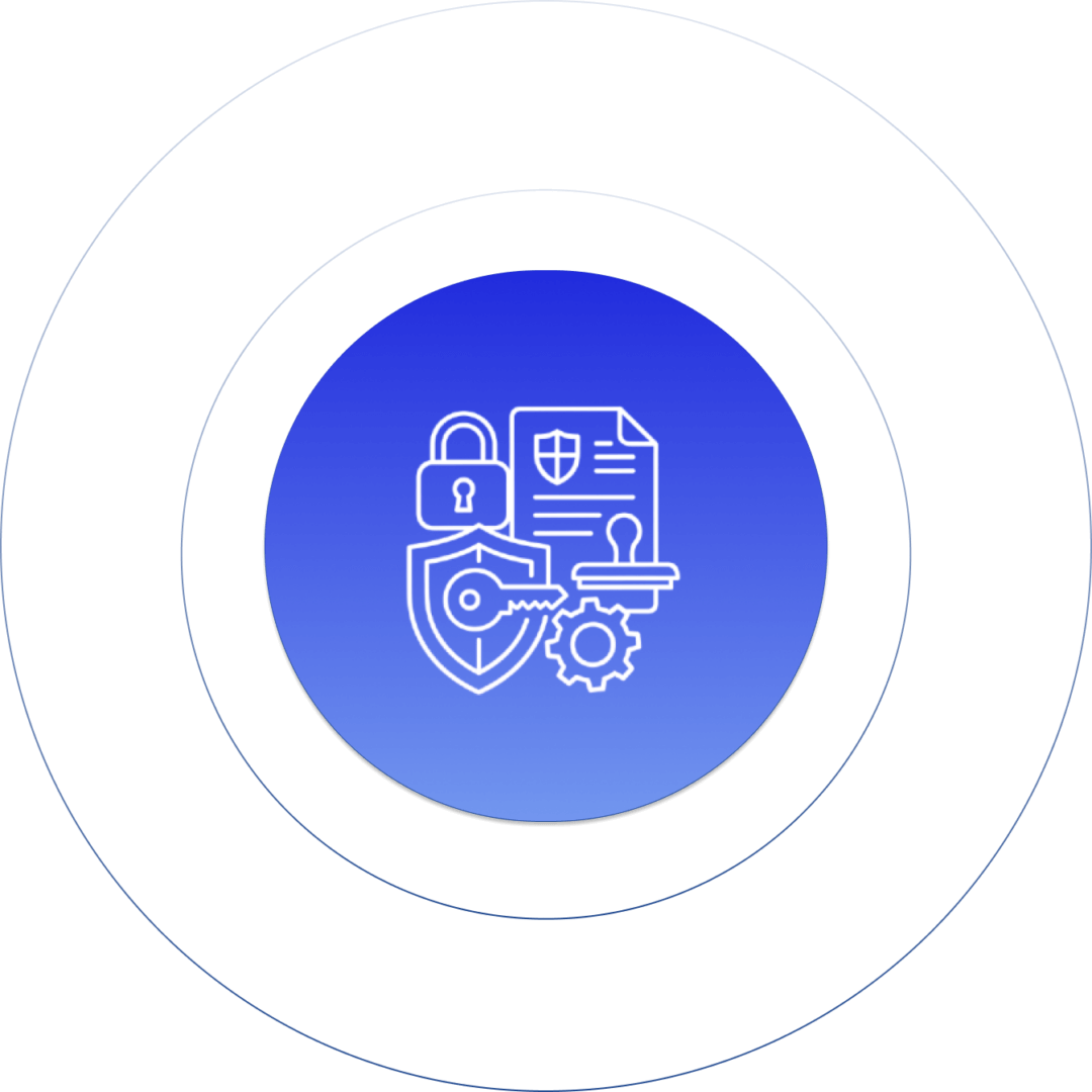 Security icons with lock, shield, key, and gear on blue gradient background.