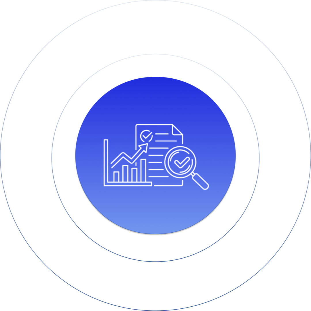 Data analysis icon with chart, document, and magnifying glass on blue gradient background.