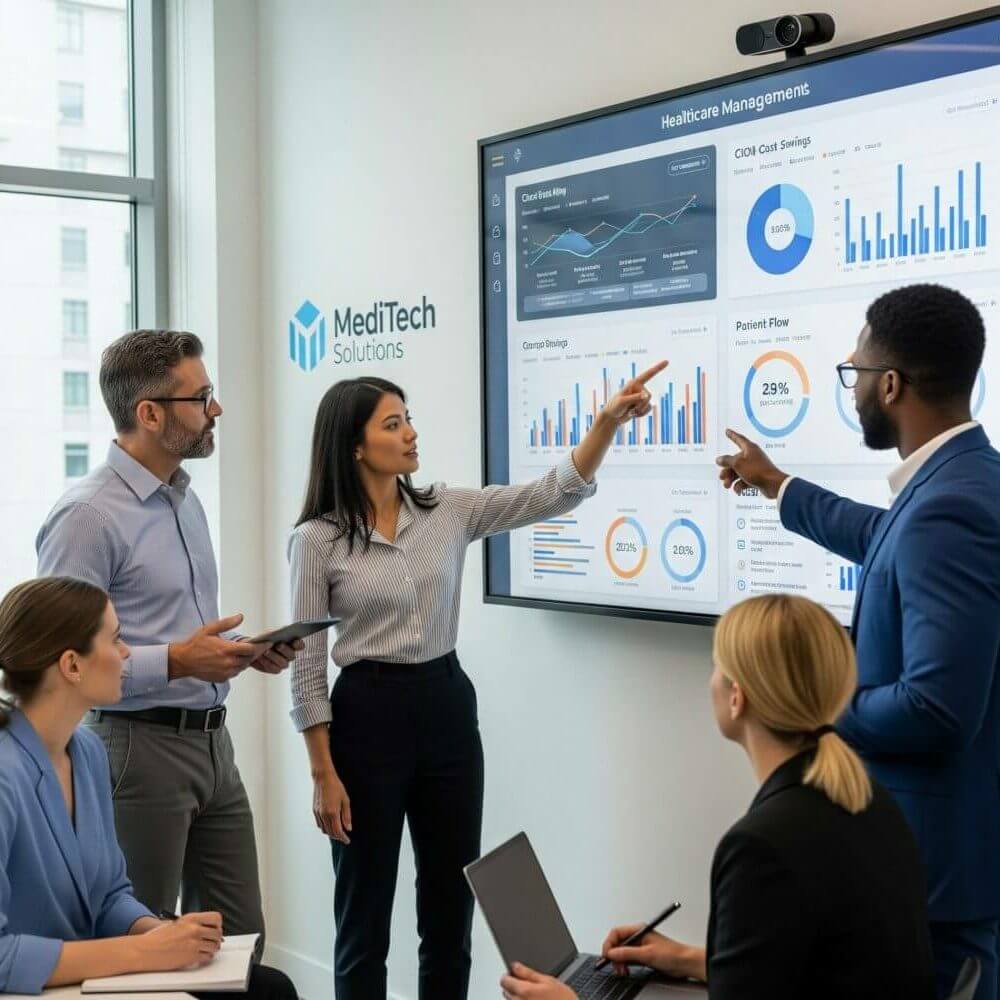 Healthcare team analyzing data on digital screen at MediTech Solutions office.