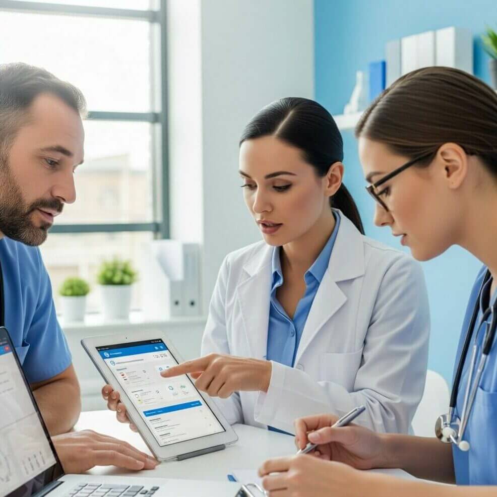 Doctors discussing patient data on tablet in modern medical office, healthcare professionals collaboration.