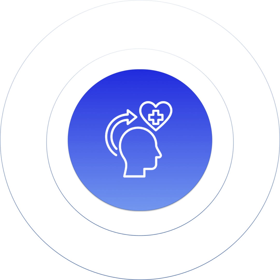 Mental health icon with head, heart, and medical symbol on blue gradient background, representing wellness and healthcare.