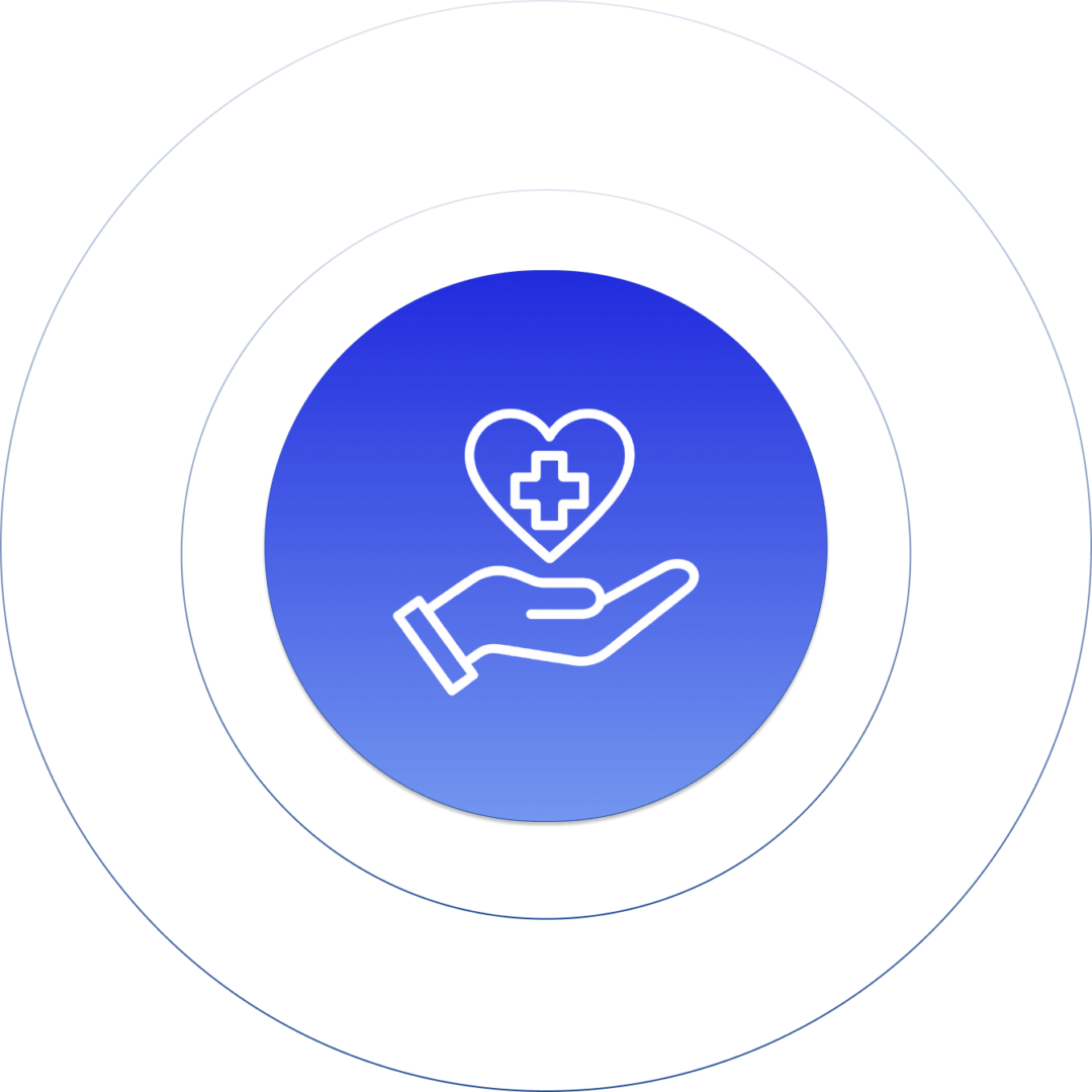 Hand holding heart with medical cross icon, blue gradient background, healthcare support illustration.