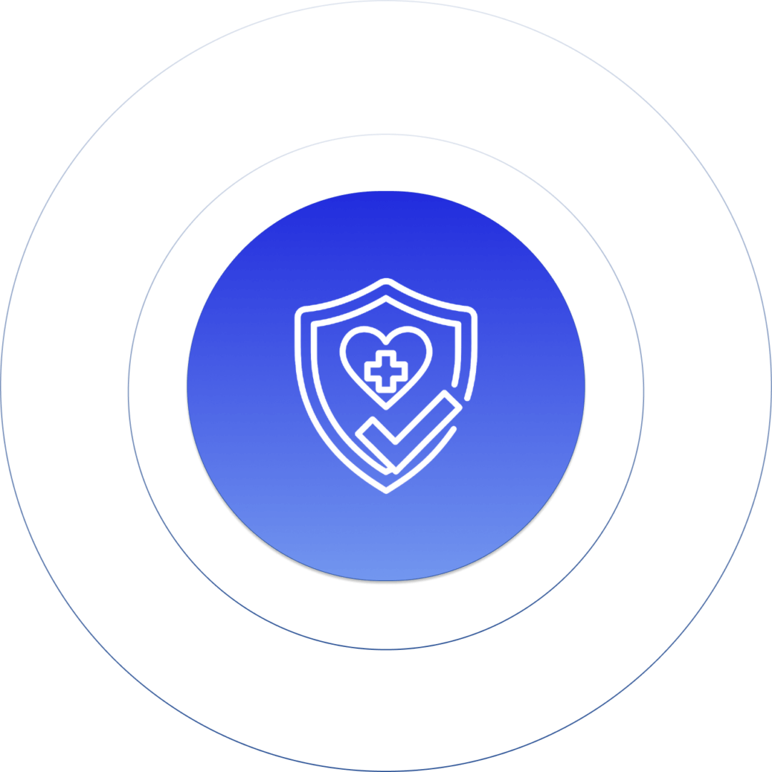 Health safety icon with heart and cross on shield, gradient blue background, circular design, representing medical security.