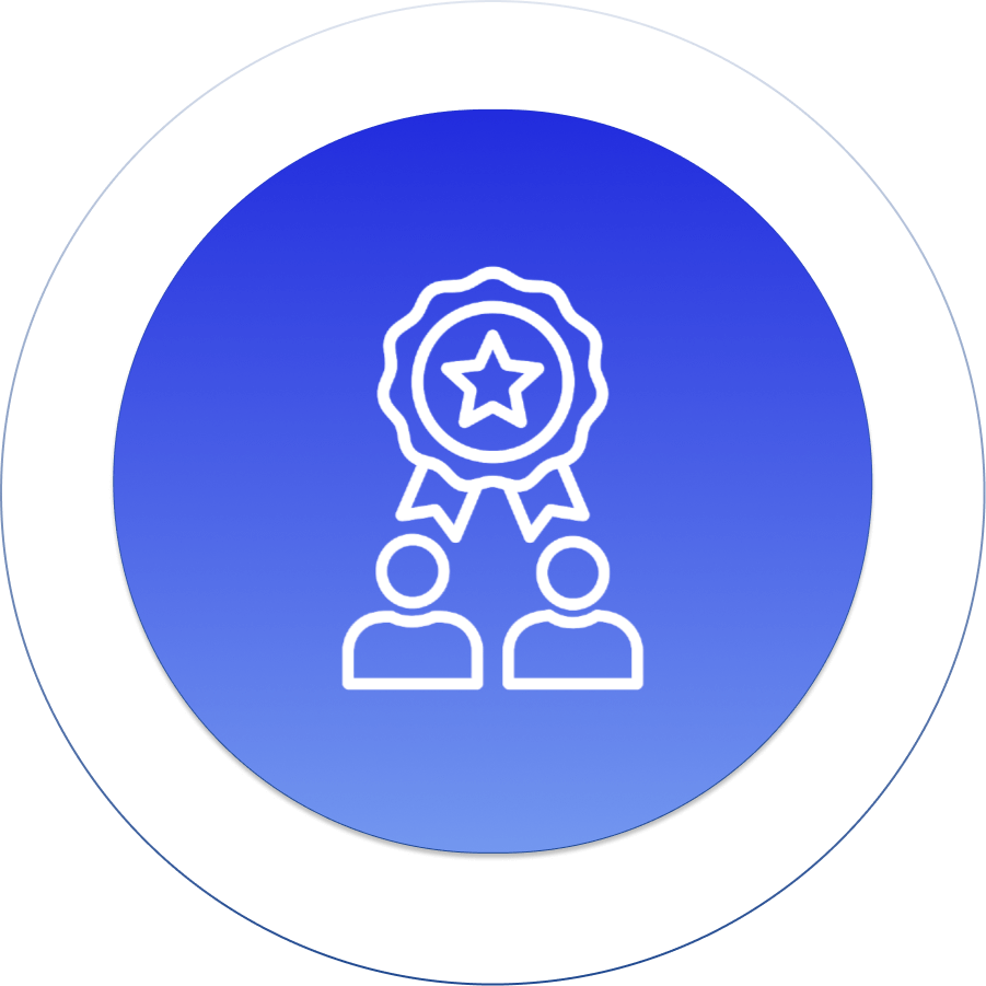 Icon of two people with a star and ribbon, symbolizing teamwork and achievement on a blue gradient background.