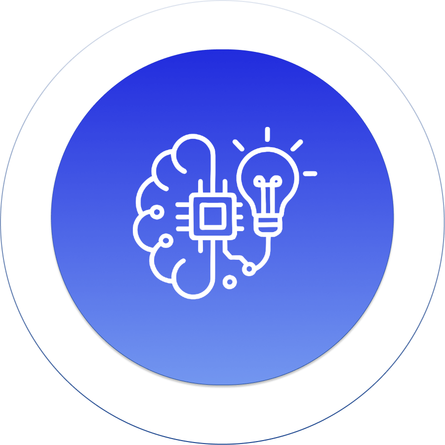 Innovative AI concept with brain, microchip, and light bulb icons on gradient blue background.