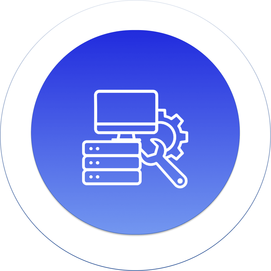 Server maintenance icon with computer, server stack, gear, and wrench on blue gradient background.