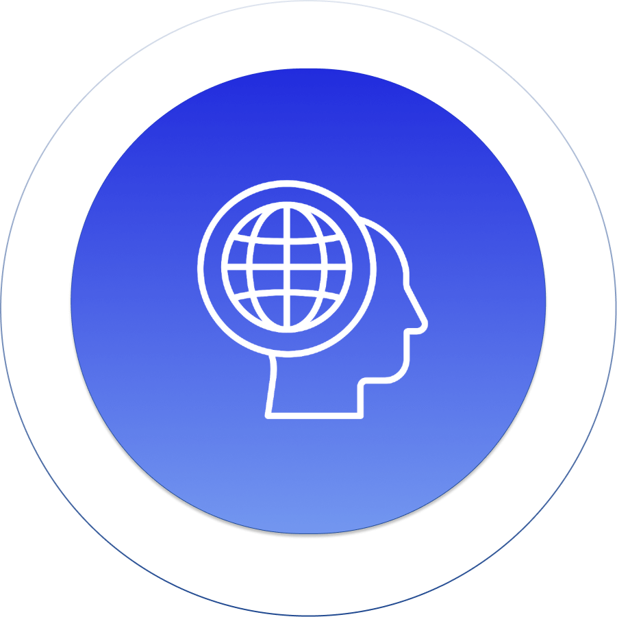 Icon of a head with globe, symbolizing global thinking and knowledge, on blue gradient background.