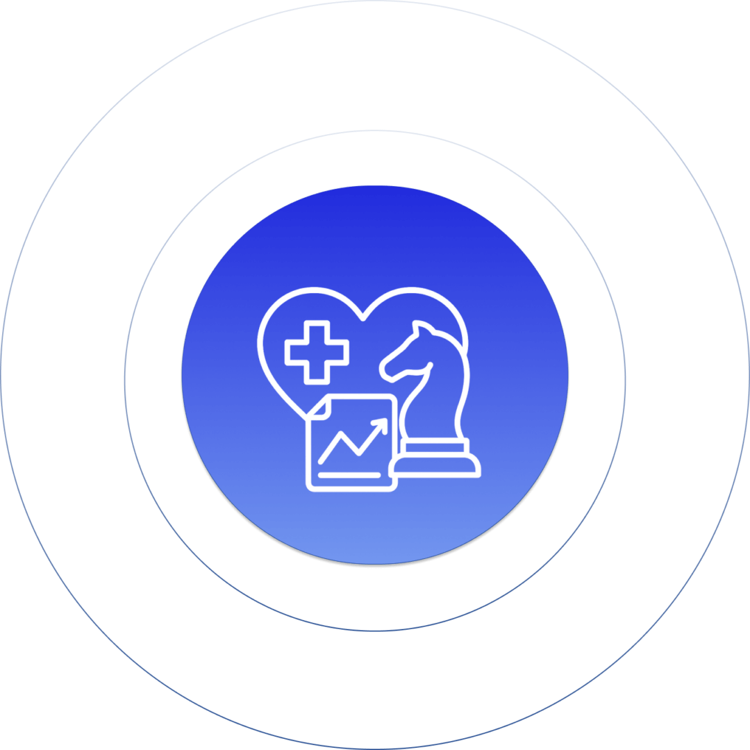Healthcare strategy icon with heart, chess knight, and growth chart on blue gradient background.