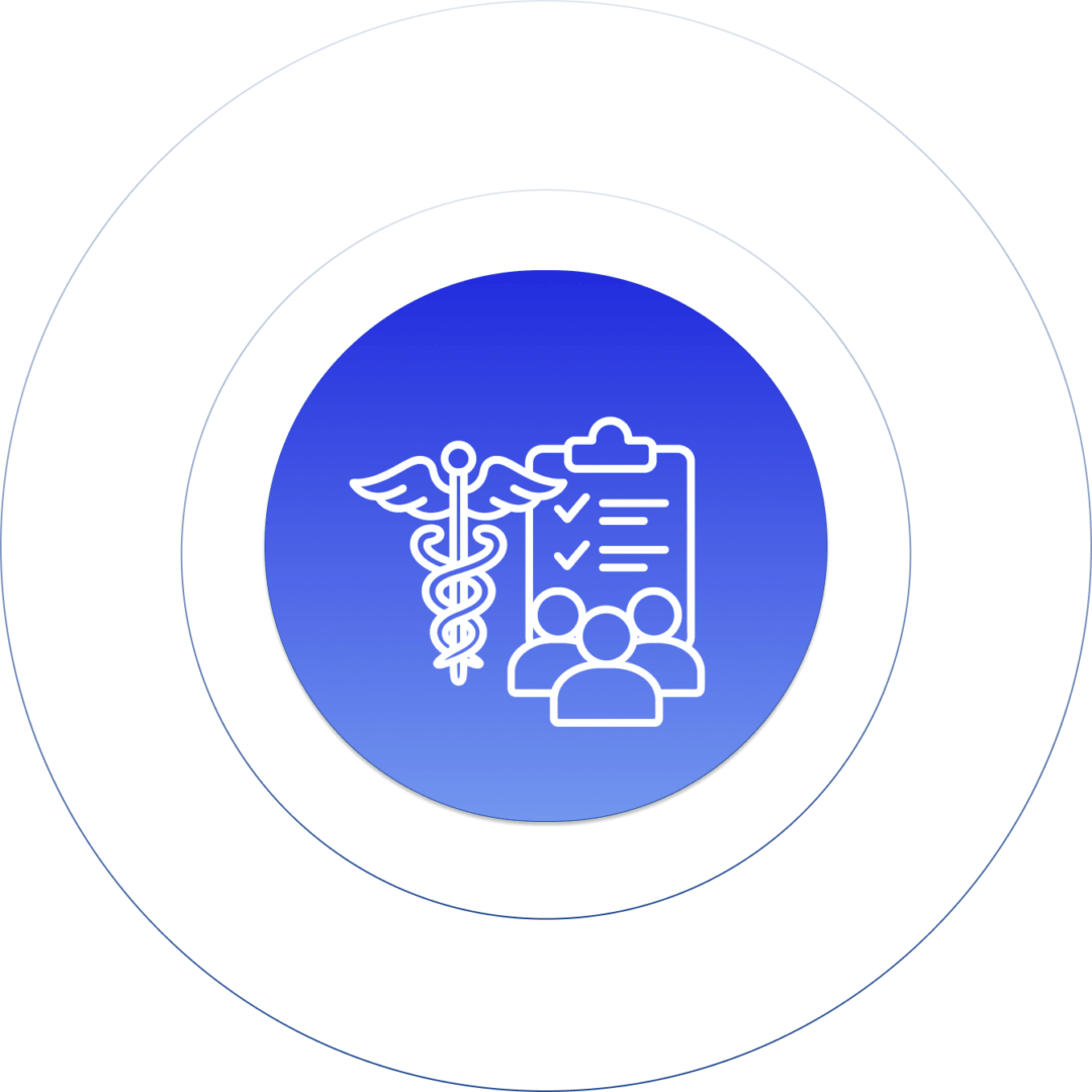 Medical team icon with caduceus and checklist on blue gradient background, symbolizing healthcare collaboration and management.