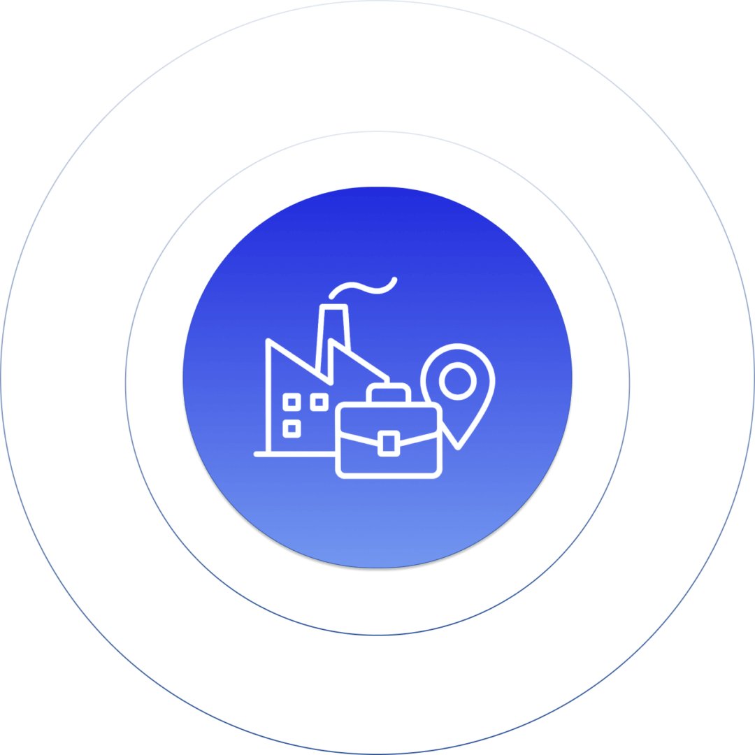 Industrial business icon with factory, briefcase, and location pin on blue gradient background, representing corporate solutions.