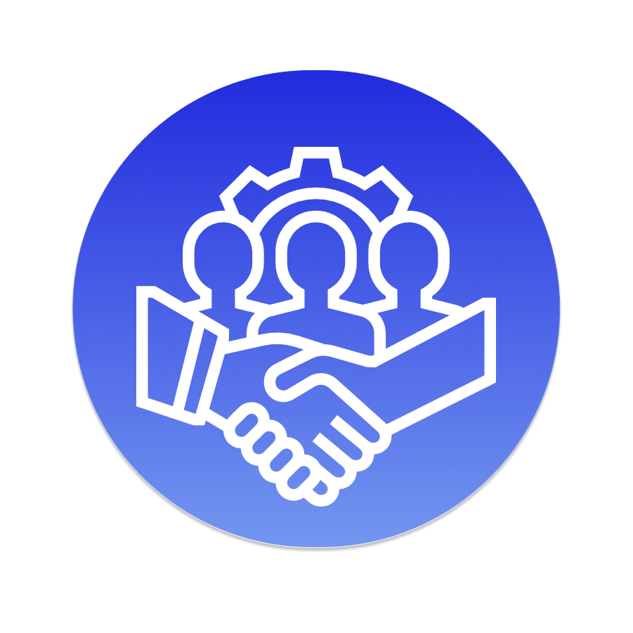Icon of handshake with three people and gear, symbolizing teamwork, collaboration, and partnership on blue gradient background.