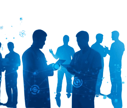 Group of silhouetted professionals interacting with digital technology icons, symbolizing teamwork and innovation.