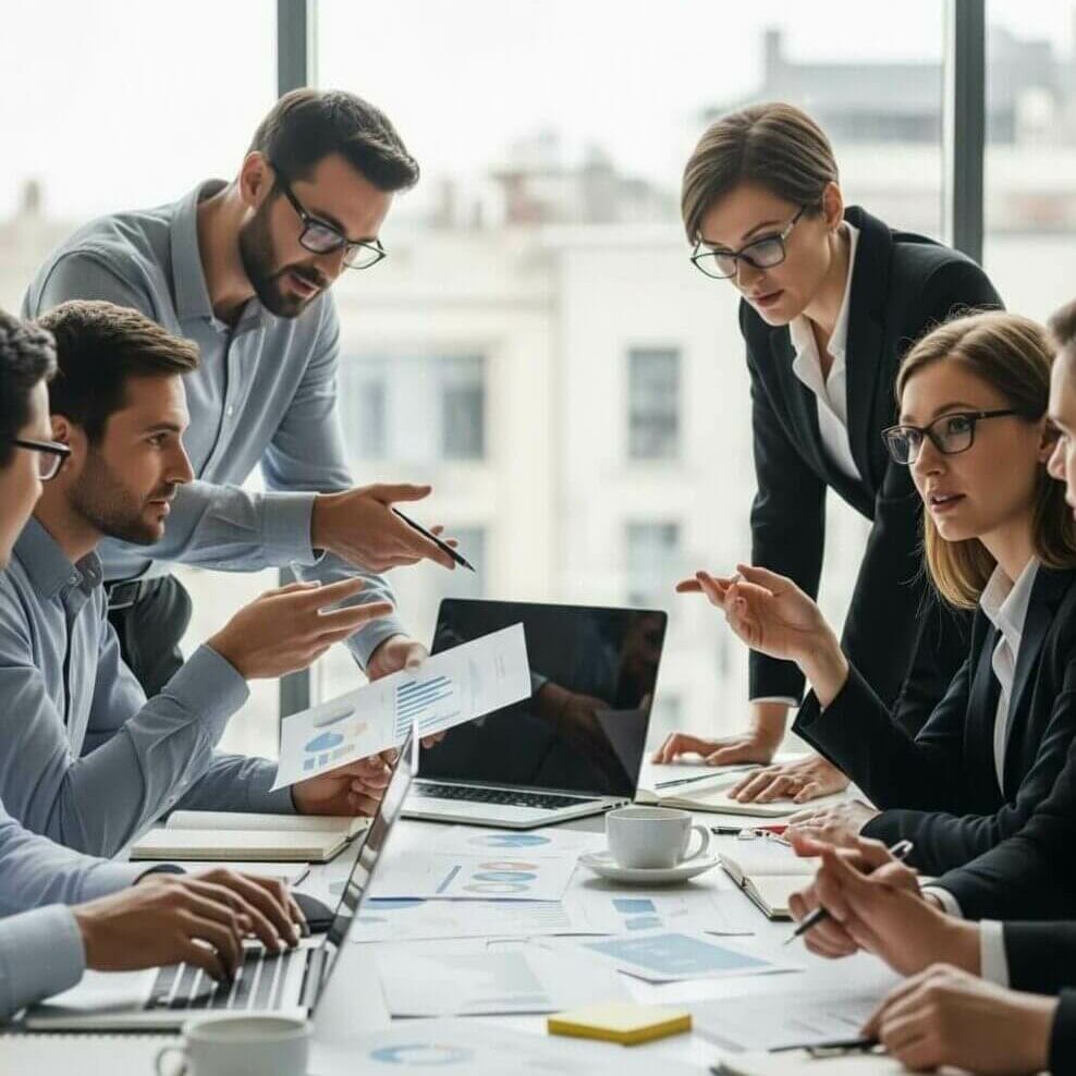 Business team brainstorming, discussing strategy over laptops and charts in modern office meeting, collaboration concept.