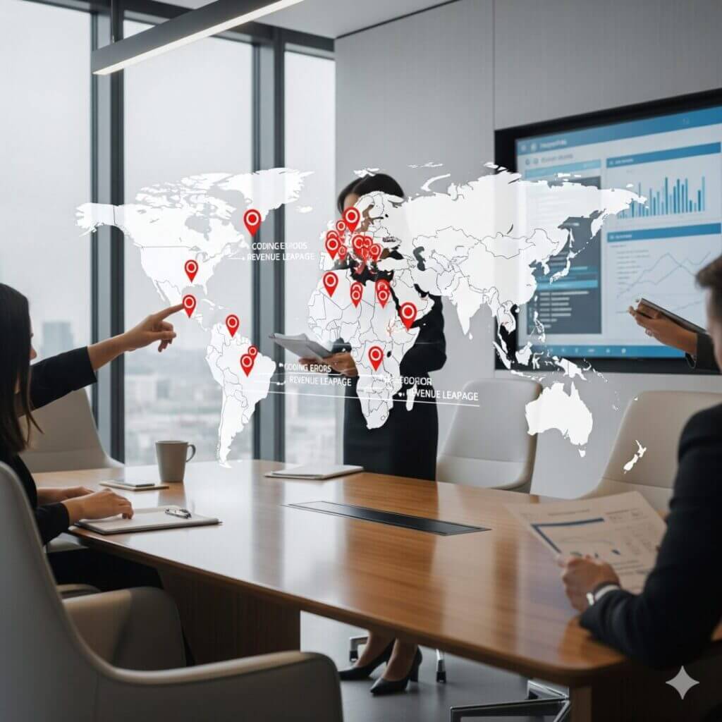 Business meeting with world map overlay, showing global data points and analytics on conference room screen.