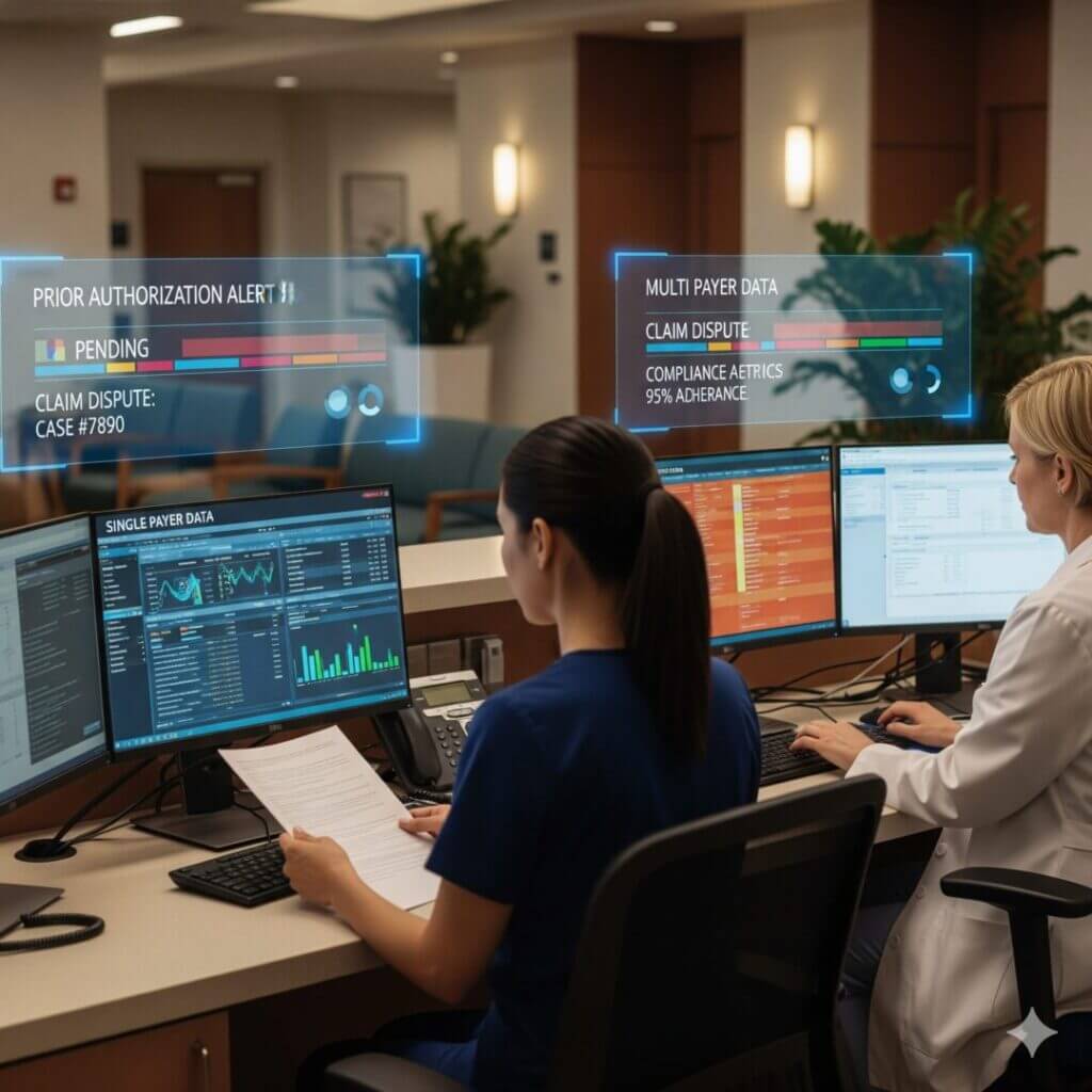 Healthcare professionals analyzing medical data on multiple computer screens in a modern office setting.
