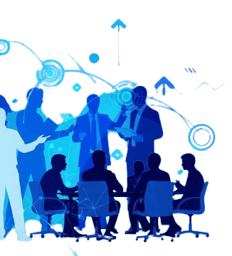 3D illustration of professionals collaborating in business meeting with digital technology elements, networking concept.