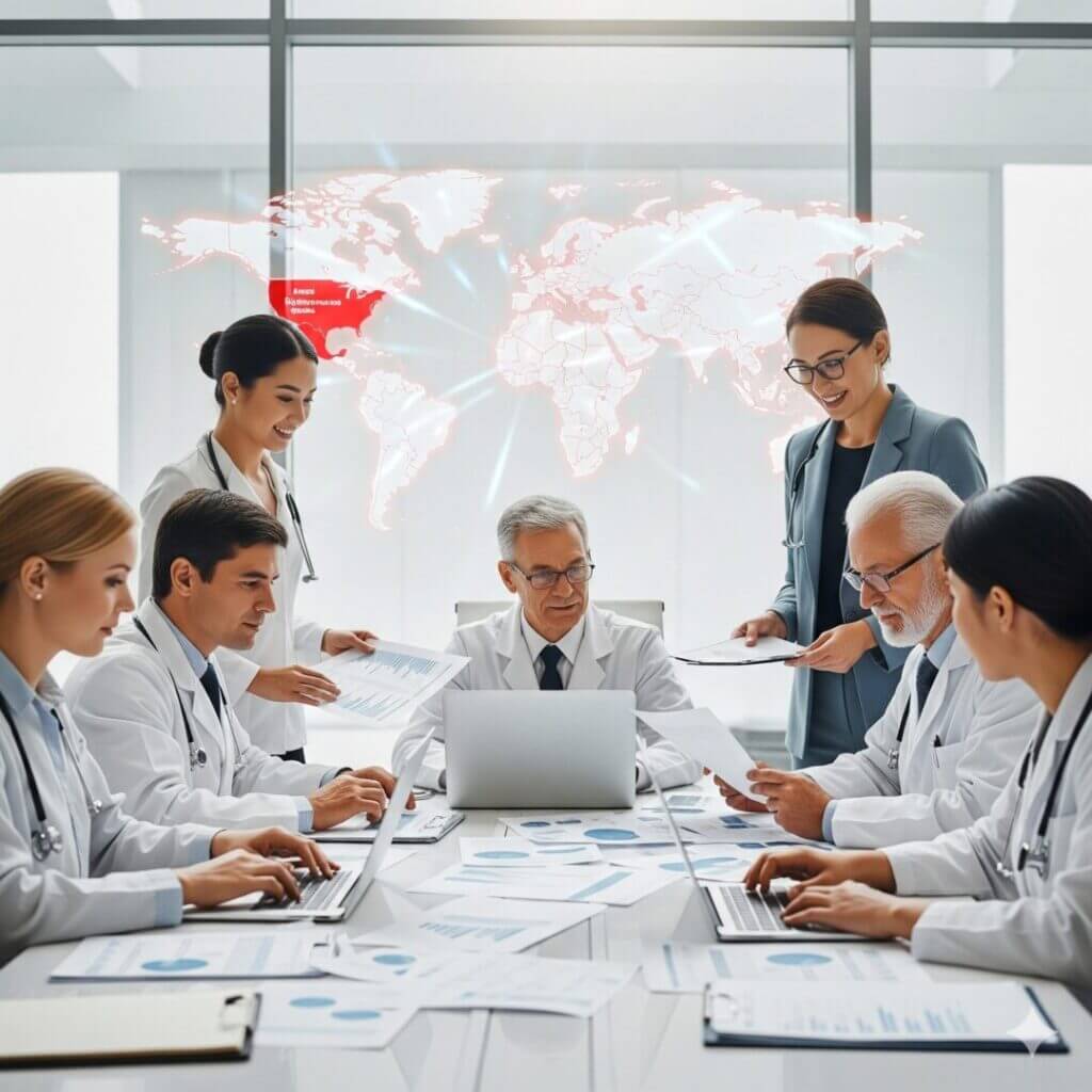 Medical team discussing data with world map background, doctors collaborating, healthcare professionals meeting.