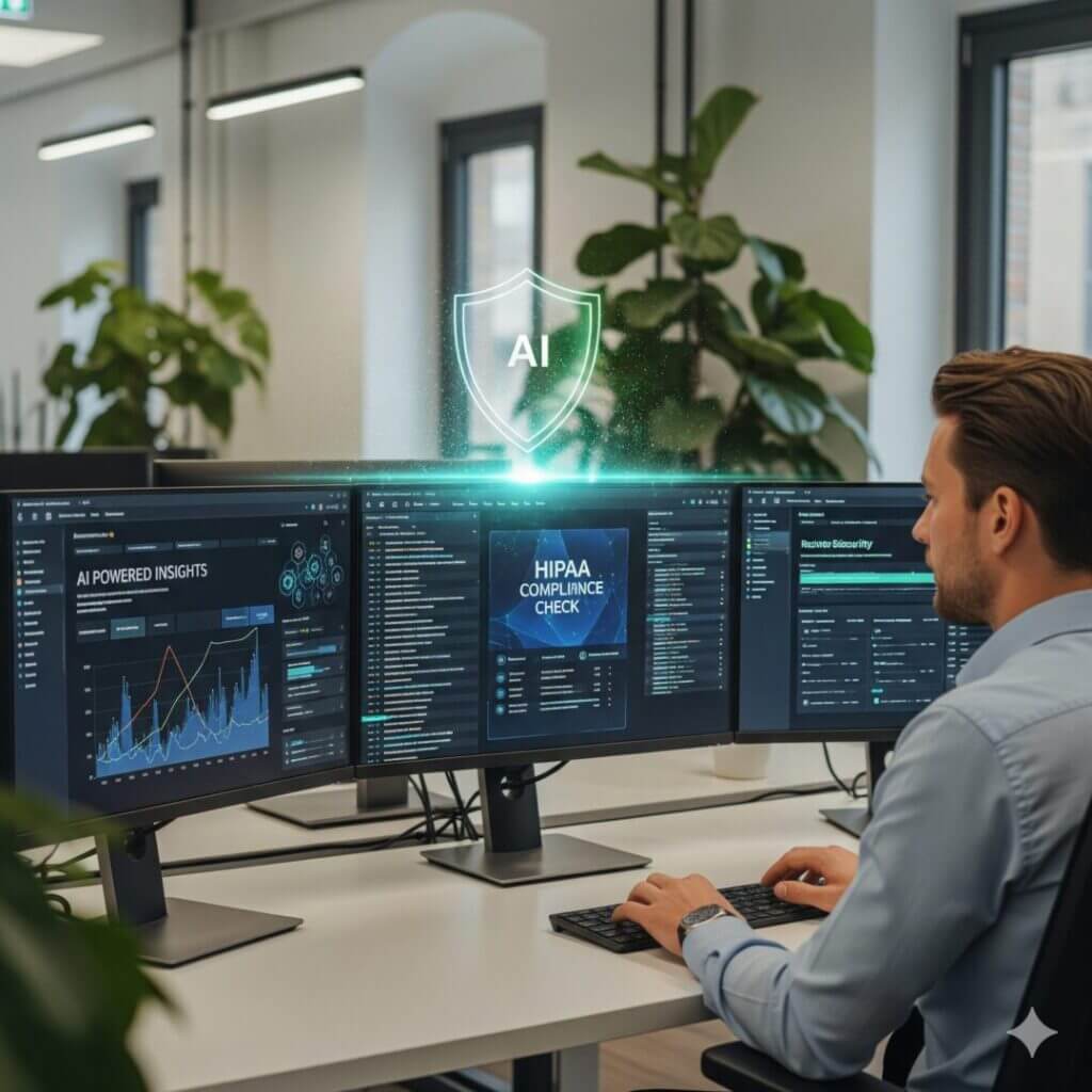 AI compliance check on computer screen, HIPAA security, data insights, office setting, technology professional at workstation.