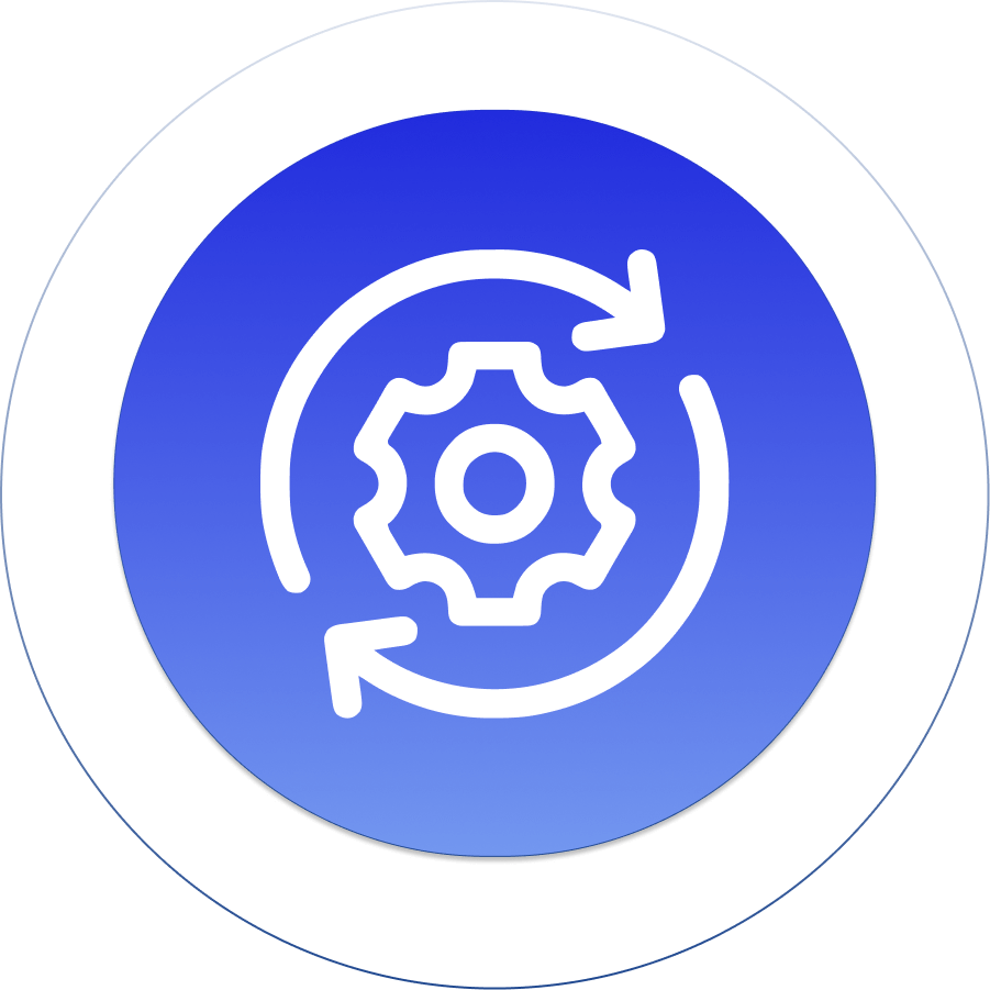 Blue circular icon with white gear and arrows symbolizing process automation and system optimization.