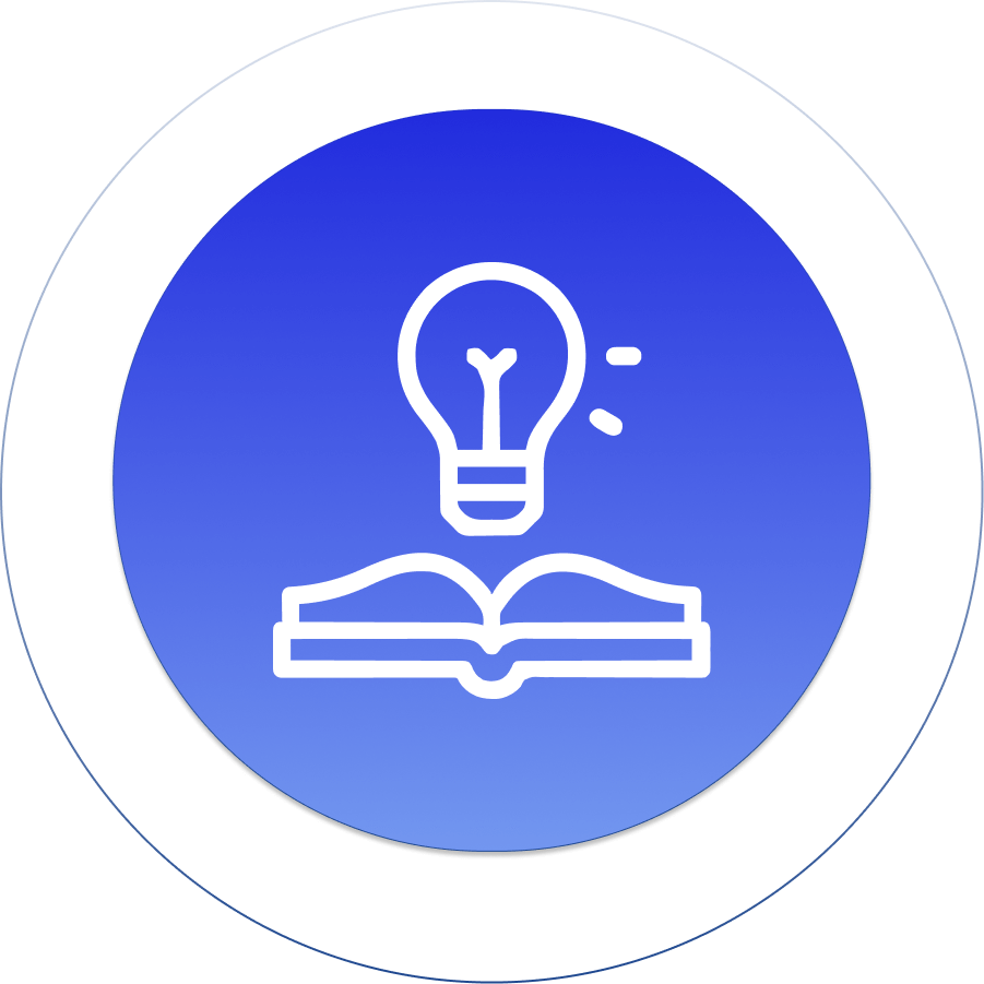 Open book with light bulb icon on blue gradient background, symbolizing knowledge and innovation.