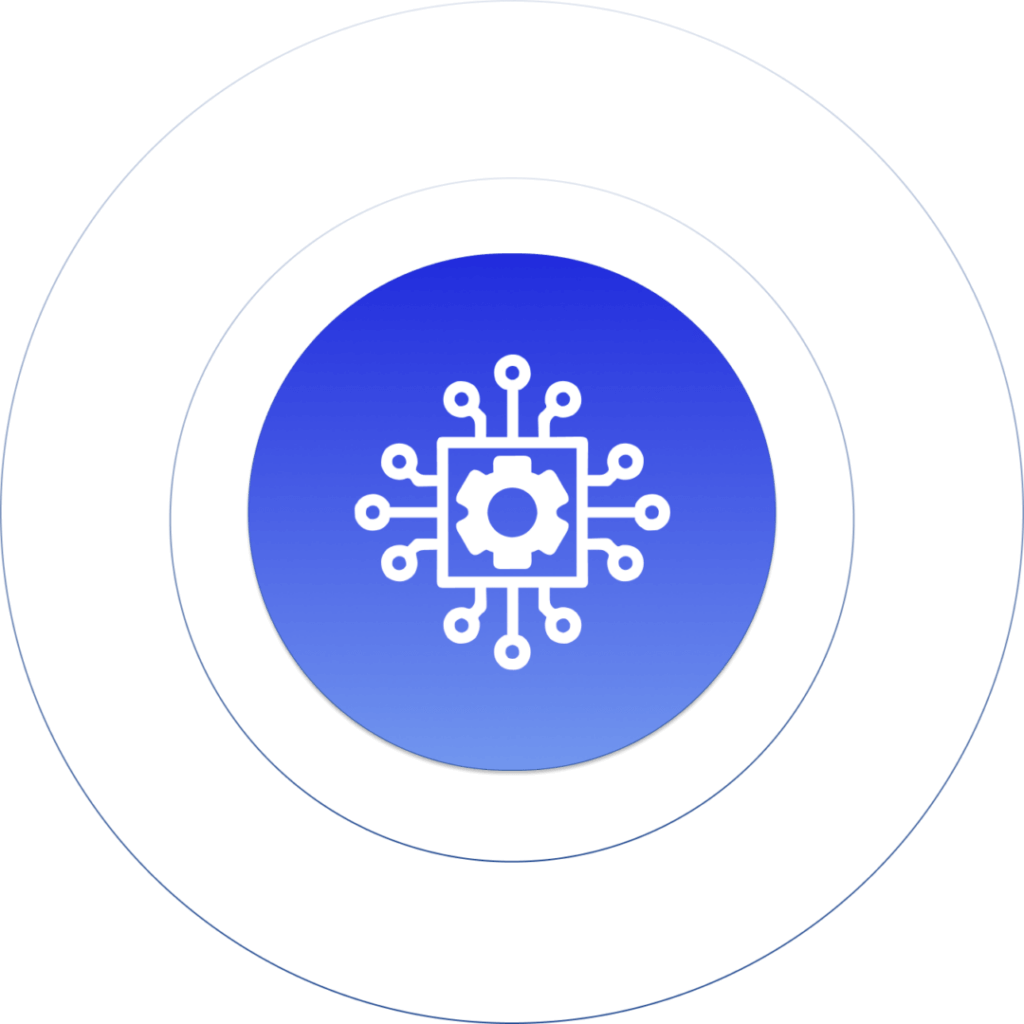 Blue gradient circle with a white gear and circuit icon, symbolizing technology and innovation.
