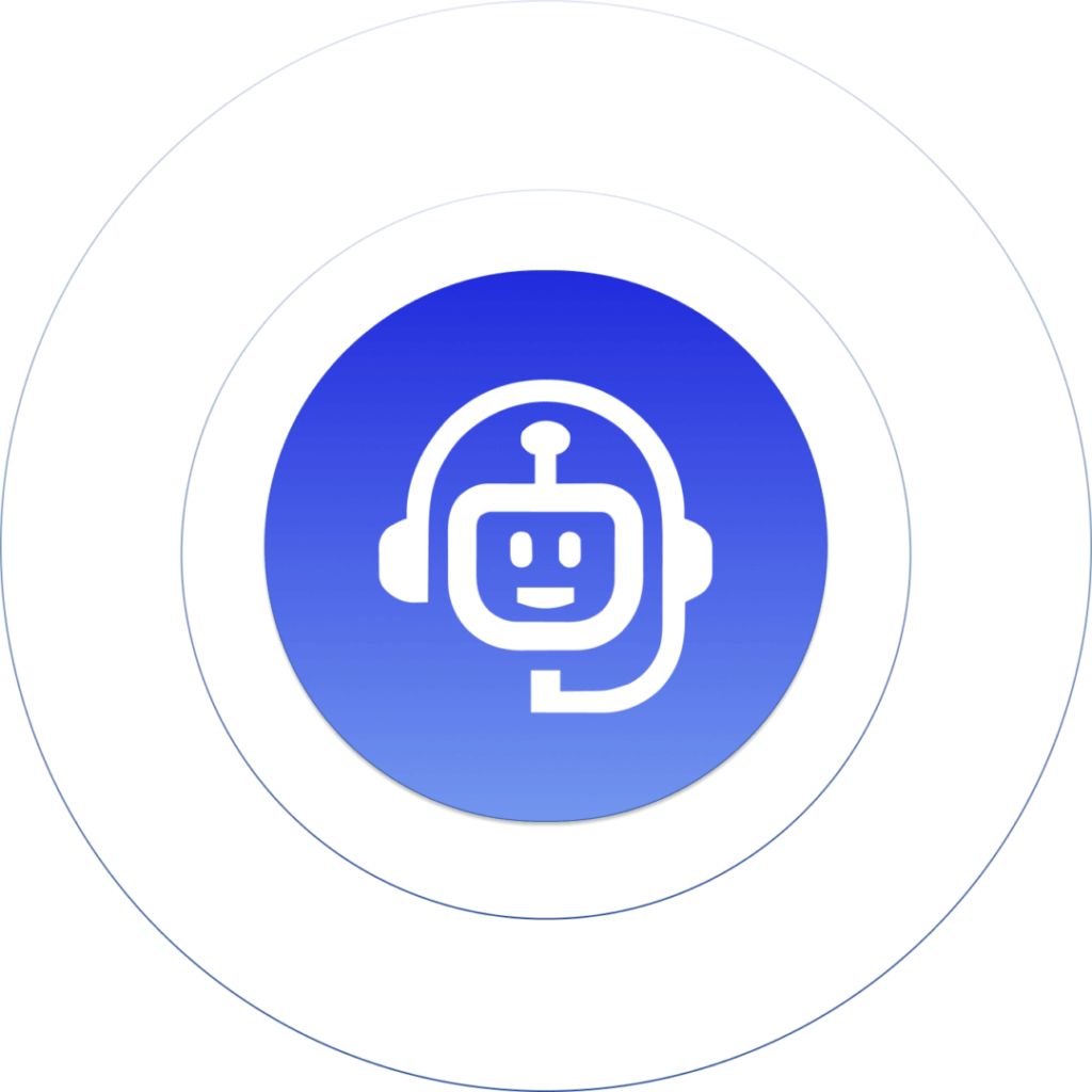 Circular icon with smiling robot in headset on blue gradient background, symbolizing AI customer support technology.
