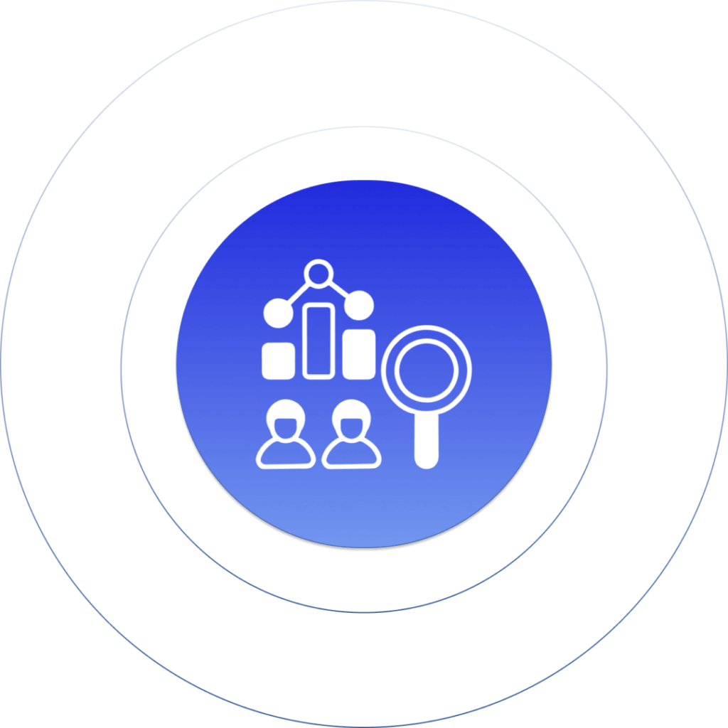 Group icon with network structure and magnifying glass on blue gradient, representing team collaboration and search.