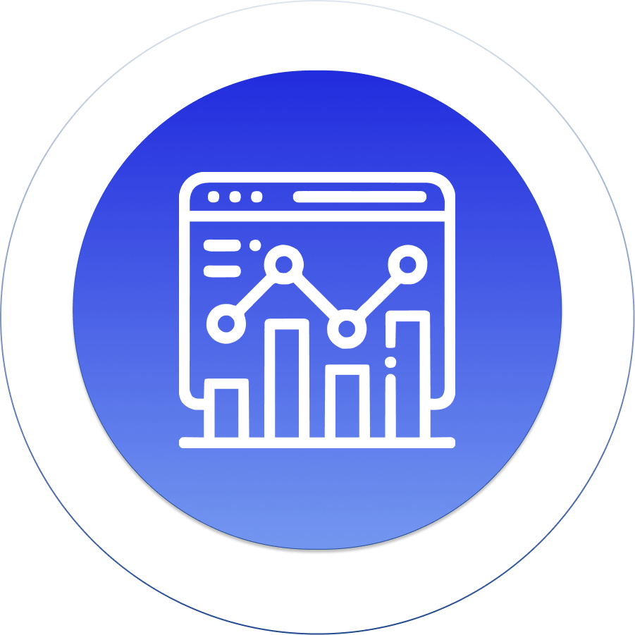 Data analytics icon with line graph and bar chart on blue gradient background, representing statistics and performance tracking.