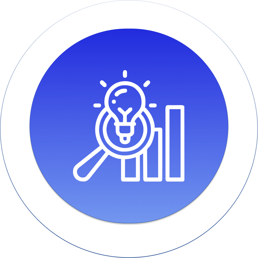 SEO icon with magnifying glass, light bulb, and bar graph on blue gradient background, symbolizing analysis and innovation.
