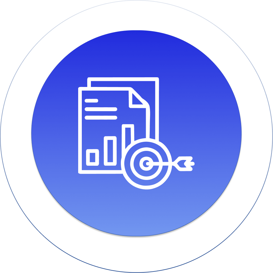 Document with charts and target icon on blue gradient background, representing strategic planning and goal achievement.