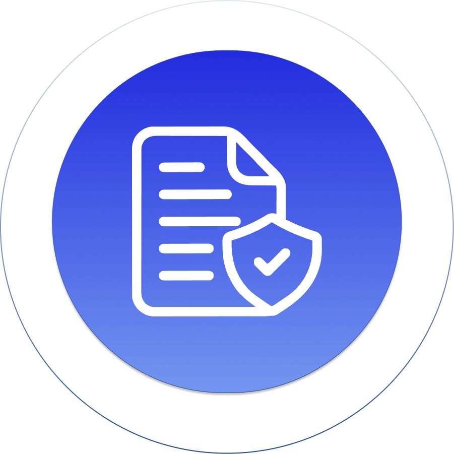 Document with security shield icon on blue gradient background, representing data protection and privacy.