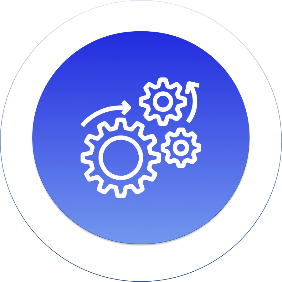 Blue gradient circle with white gear icons and arrows, symbolizing process automation and workflow optimization.