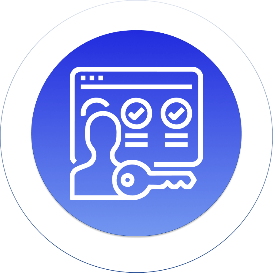 User silhouette with key and checklist on blue gradient background, symbolizing secure access and verification.
