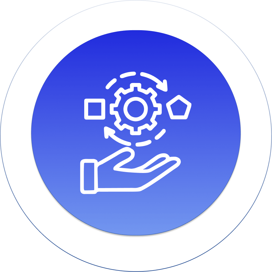 Hand holding gear and shapes, symbolizing process management and innovation on a blue gradient background.