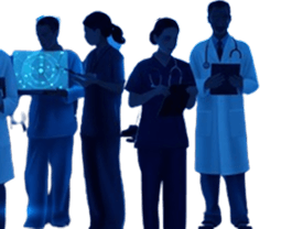 Medical professionals analyzing futuristic digital screens and patient data, advanced healthcare technology concept.
